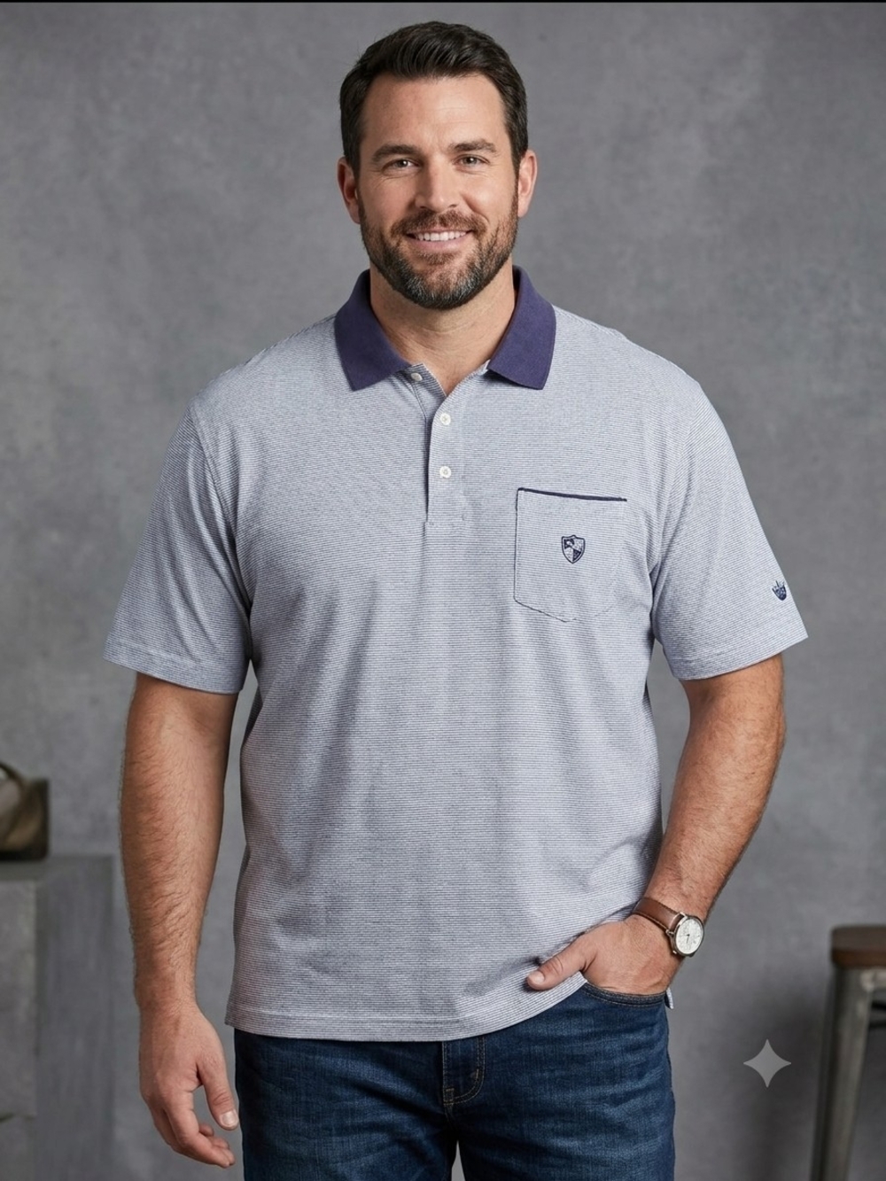 Ashworth Men's Heather Grey Polo Shirt with Navy Collar. Size L       MS 41